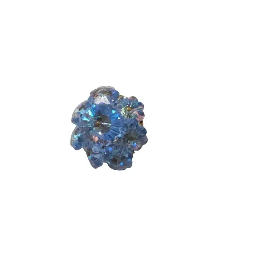 Blue Rivoli Rhinestone Cluster Flower Glass Brooch Pin Gold Tone Vintage
